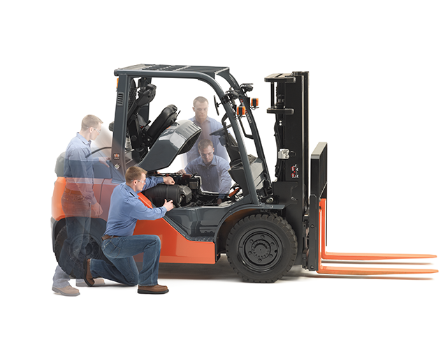Forklift driver changing a hydraulic filter on a Toyota forklift